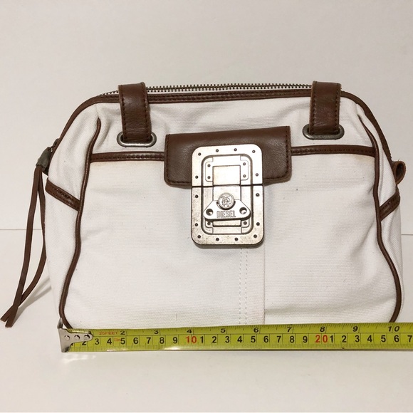 Authentic Diesel White Canvas Leather Distress Hardware Handbag Shoulder Bag - Picture 12 of 13